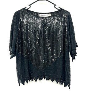 Ann Katrine 100% Silk Beaded Sequin Black Blouse Women's Large